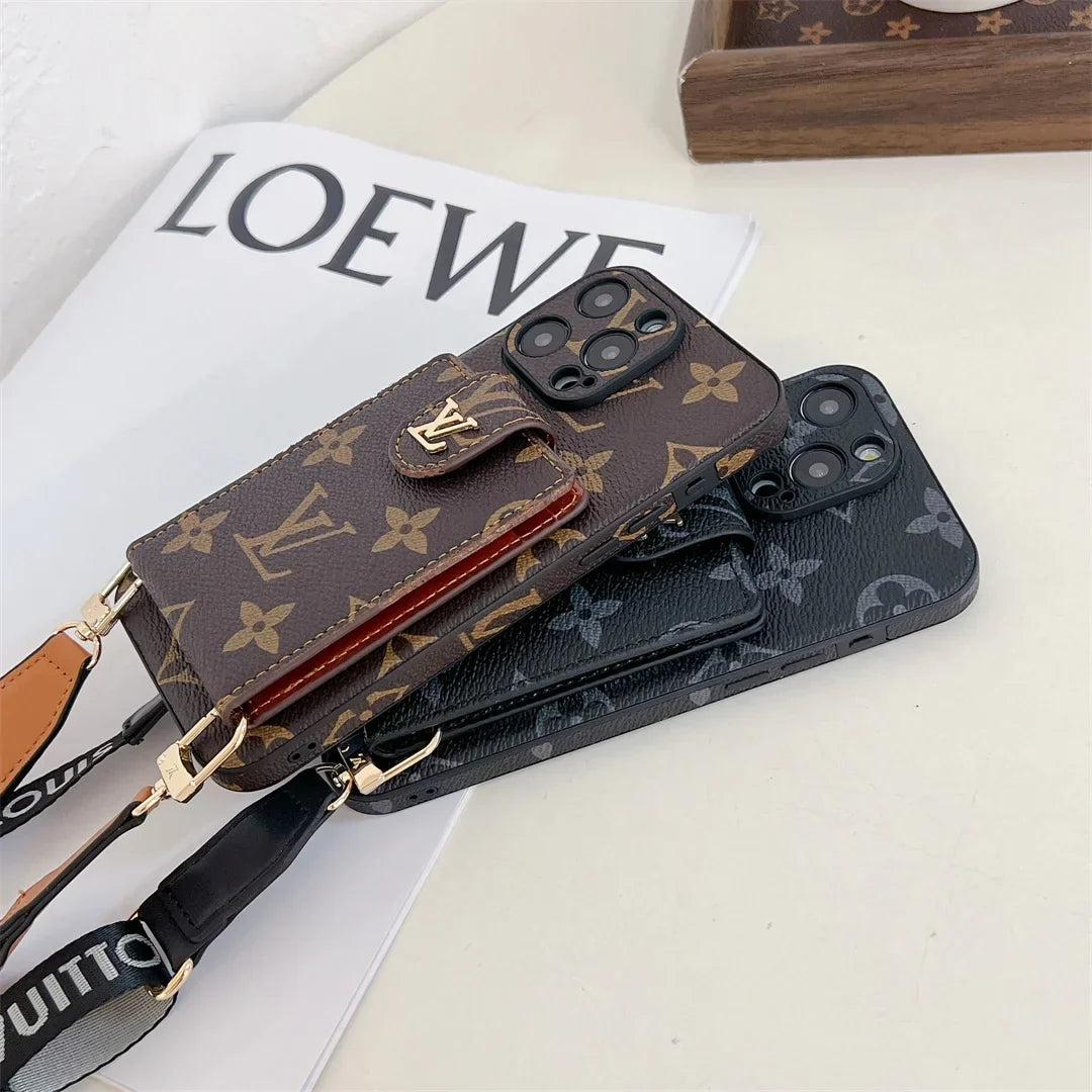 Monogram Canvas Leather Button Card Holder Crossbody iPhone Case